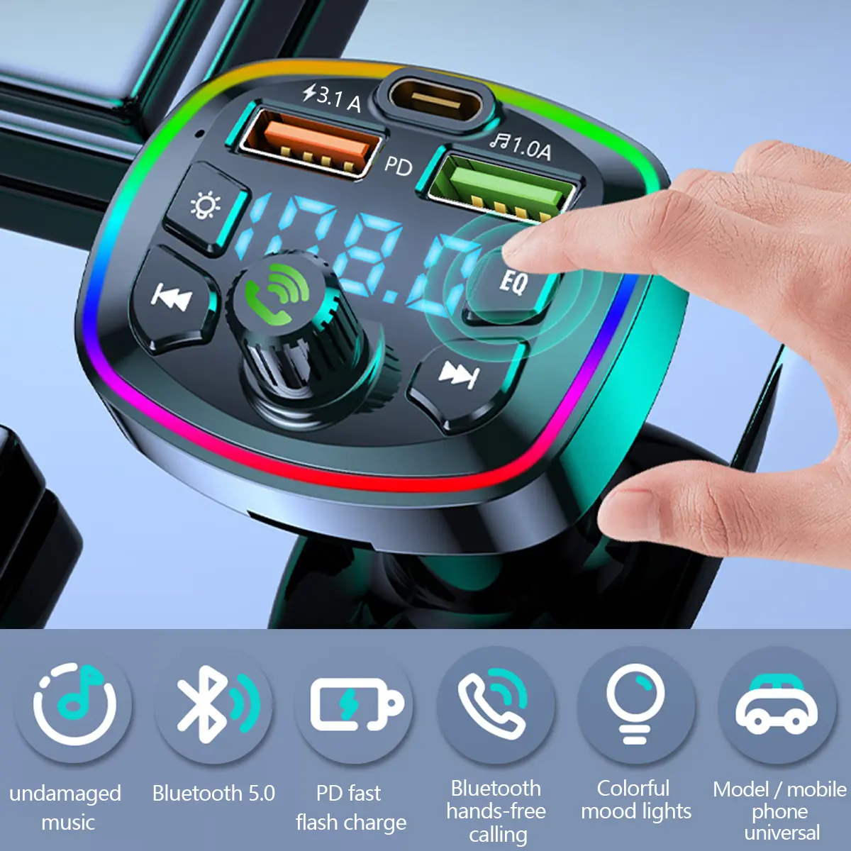 Car MP3 Player Bluetooth 5.0 FM Transmitter w/2 USB Charger and PD QC Interface Wireless FM Modulator w/ Built-in Mic and CVC Technology Car Radio Adapter w/ 7-colors Backlight for Cars