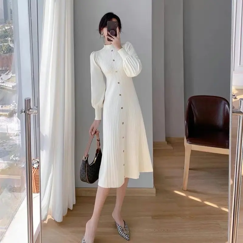 korean style sweater dress Sweater Dress Female Winter Warm Long-Sleeved Knitted Dress Korean Fashion  Casual Sexy V-Neck Solid Color Mid-Length Dress : Buy Online at Best Price  in KSA