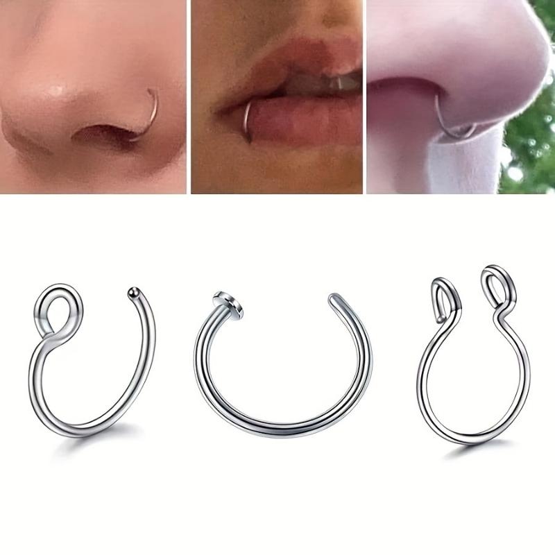 [3pcs Hypoallergenic Nose Rings Set] 3pcs Set Stainless Steel Rings, Unisex Non-Piercing Body Jewelry, Simple Style, C-Shaped Clip Hoops, Piercing Alternatives jewelry 0
