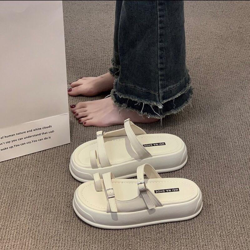 Dép nữ xỏ ngón đế bánh mì quai da khoá mảnh SUNDAY DéP Shoes GiàY Nhung Sandal Jean 8