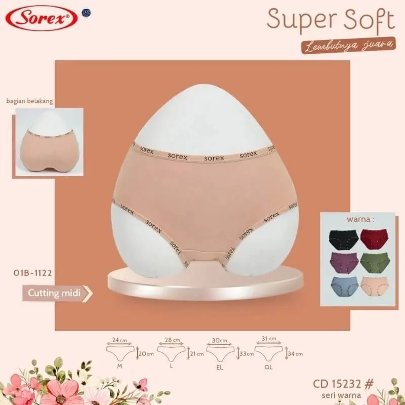 Isi (3, 6, 12pcs) CD Sorex 15232 Celana Dalam Wanita Super Soft Lembut Cutting Midi 2