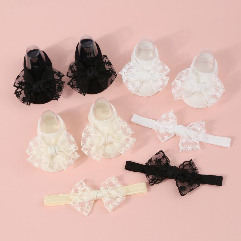 Product Introduction of Baby Girls Cute Socks with Headband Sets Lace Bow Knit Princess Socks for Party, Wedding, Baby Shower 7