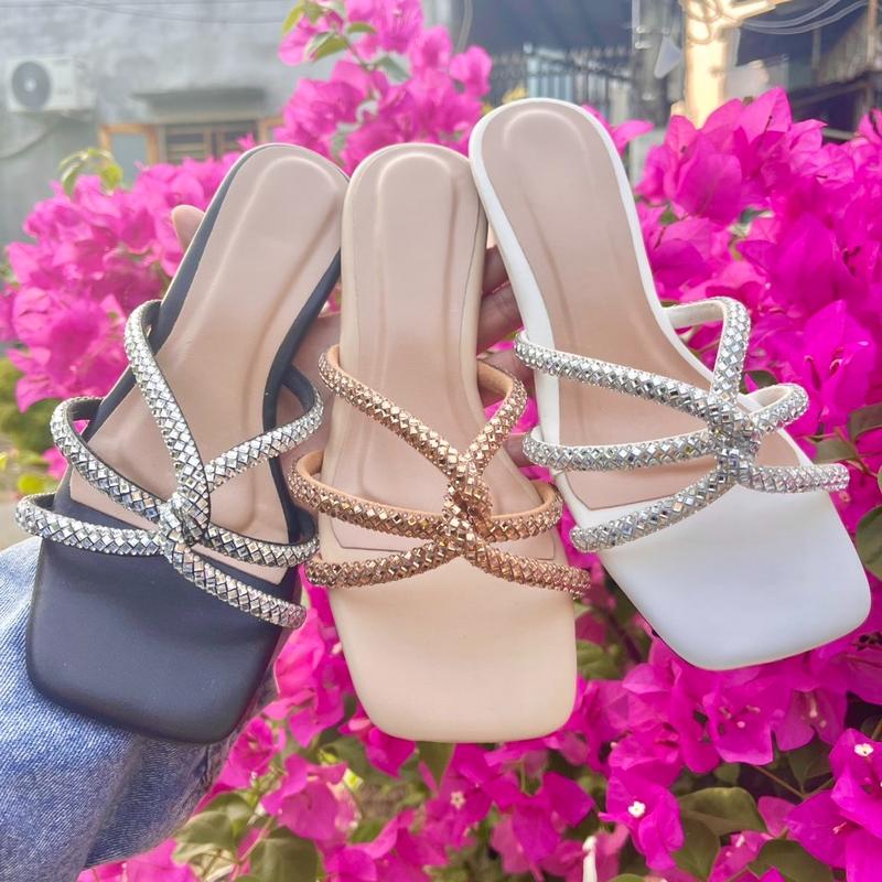 Dép gót cao 5cm ,3cm quai đan chéo phối xoàn lấp lánh thời trang Nhung Nữ Sandal DéP Shoes Jean GiàY giày  cao
