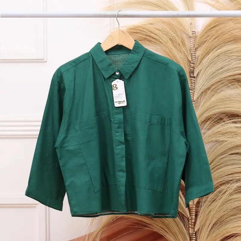 Melva Korean Crop Kemeja Wanita Semi Crop Linen Saku Dua Ld 120 Blouse Atasan Wanita Gemilang 2