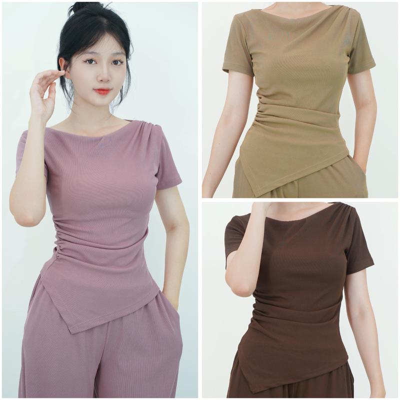 [01 Bộ Cổ Thuyền Cộc Tay] Bộ set nữ áo nhún eo ngắn tay cổ thuyền kèm quần suông, chất thun tăm hàn Jima 105