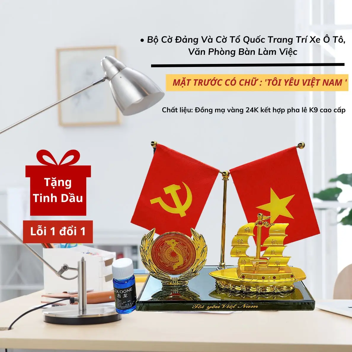 Bộ Cờ Đảng Và Cờ Tổ Quốc Đồng Mạ Vàng 24K Pha Lê Trang Trí Xe Ô Tô Văn Phòng Bàn Làm Việc Otofunmoclan