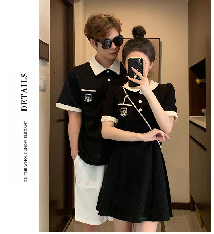 Product Introduction of Couple's outfit 2025 short sleeved lapel T-shirt, home women's waist collection, college style dress, one piece, one skirt, oversized size Womenswear Clothing 11