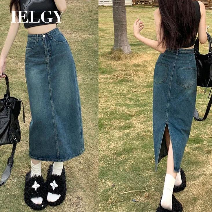  Chân Váy Denim Chữ A IELGY Cạp Cao Bó Sát Dài Trung Bình Xẻ Lưng Dành Cho Nữ chân  váy 