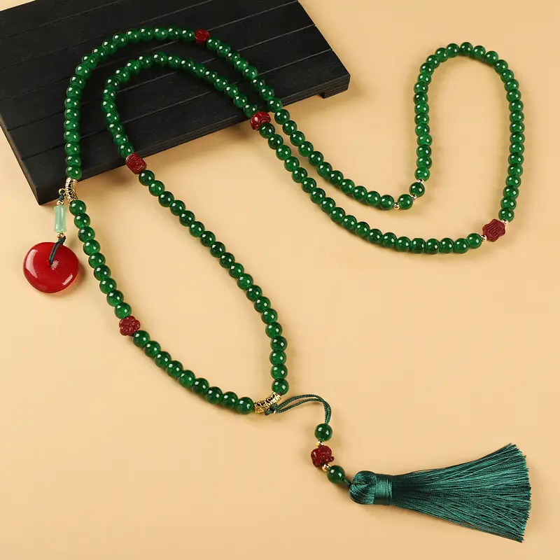 Chinese style 108 cinnabar beaded crossbody chain long necklace new Chinese style literary and retro women's fringed sweater chain desi nose trinkets semicolon  necklaces