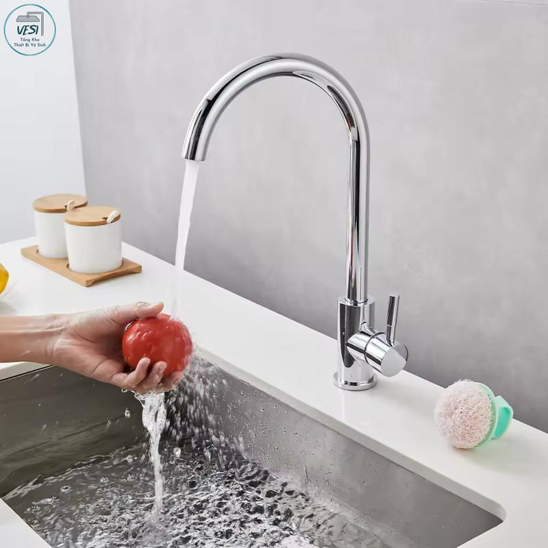 Vòi rửa chén bát bi xoay 360 độ 2 đường nước nóng lạnh bằng inox 304 mạ crom bóng cao cấp vòi chậu rửa nhà bếp không chạm