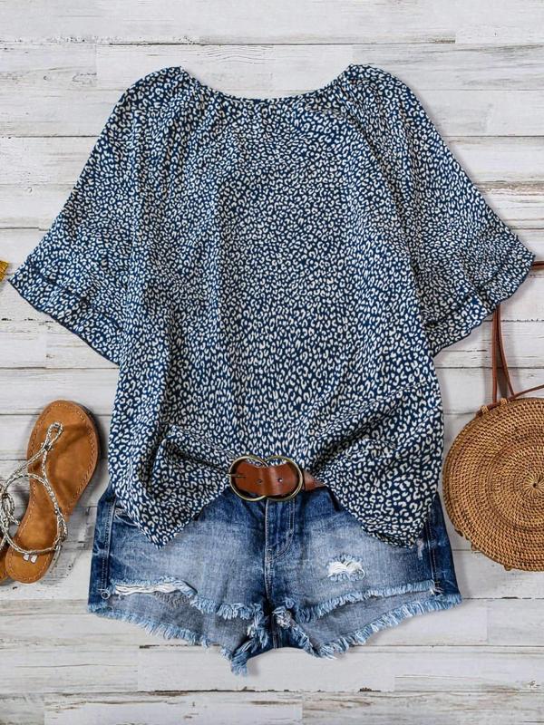 Plus Size Leopard Print Flounce Sleeve Blouse, Elegant Round Neck Half Sleeve Top for Spring & Fall, Women's Plus Clothing for Daily Wear 1