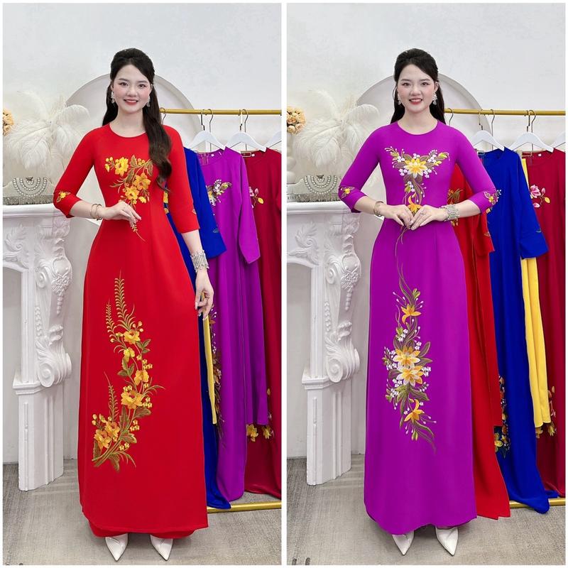 [H5]Áo Dài Tặng Mẹ Thêu Hoa Lắc Tay Duyên Dáng Thanh Lịch. Vải Lụa Mỹ Women Nữ Dress Sen Nhung Hoa Sen áodài các Đỏ
