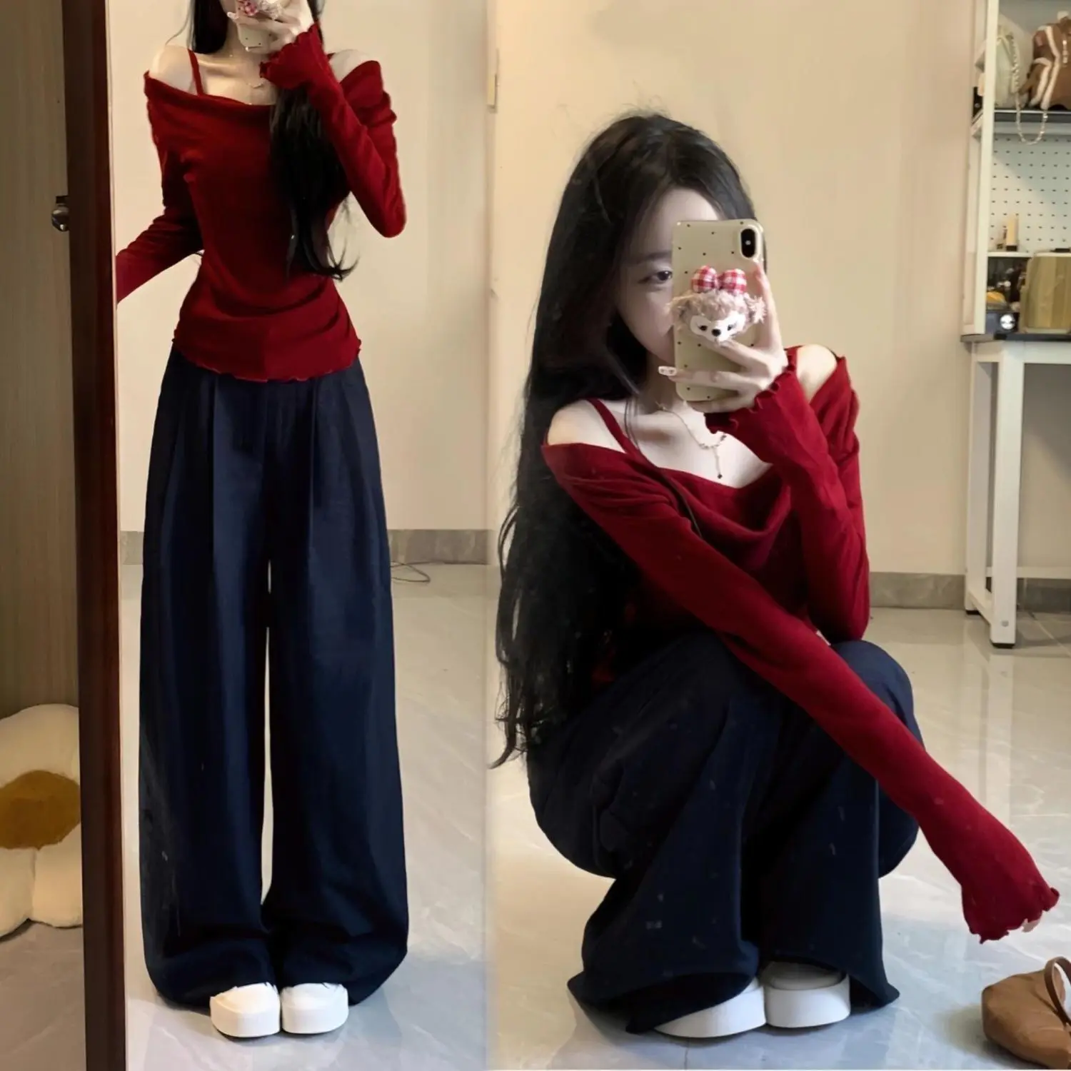 Áo Lớp Nền Dệt Kim Trễ Vai Giả Hai Mảnh Phong Cách Ngọt Ngào Và Gợi Cảm, Dành Cho Nữ, Thích Hợp Cho Mùa Thu, Ôm Vừa Vặn, Hiệu Ứng Bó Sát Thiết Kế Đẹp, Áo Trễ Vai Top Women