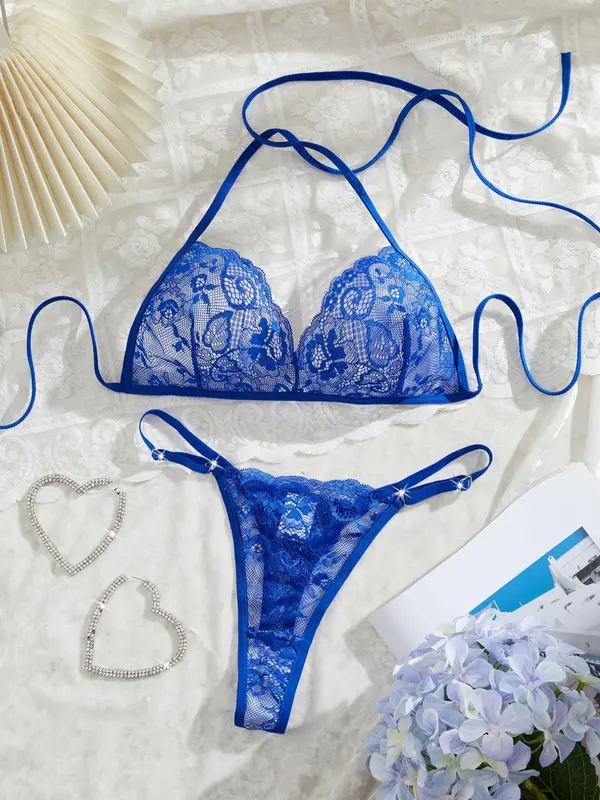 Women's Solid Color Floral Lace Underwear Set, Sexy Comfy Breathable Halter Neck Bra & Panty Set for Daily Wear, Women's Underwear Set for All Seasons 0