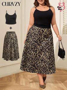 【Plus Size】Two-Piece Set CURVZY Leopard Print Skirt & Ribbed Crop Top Set, Casual Fashion Cozy for Daily Outdoor Wear, Women Clothing for Summer