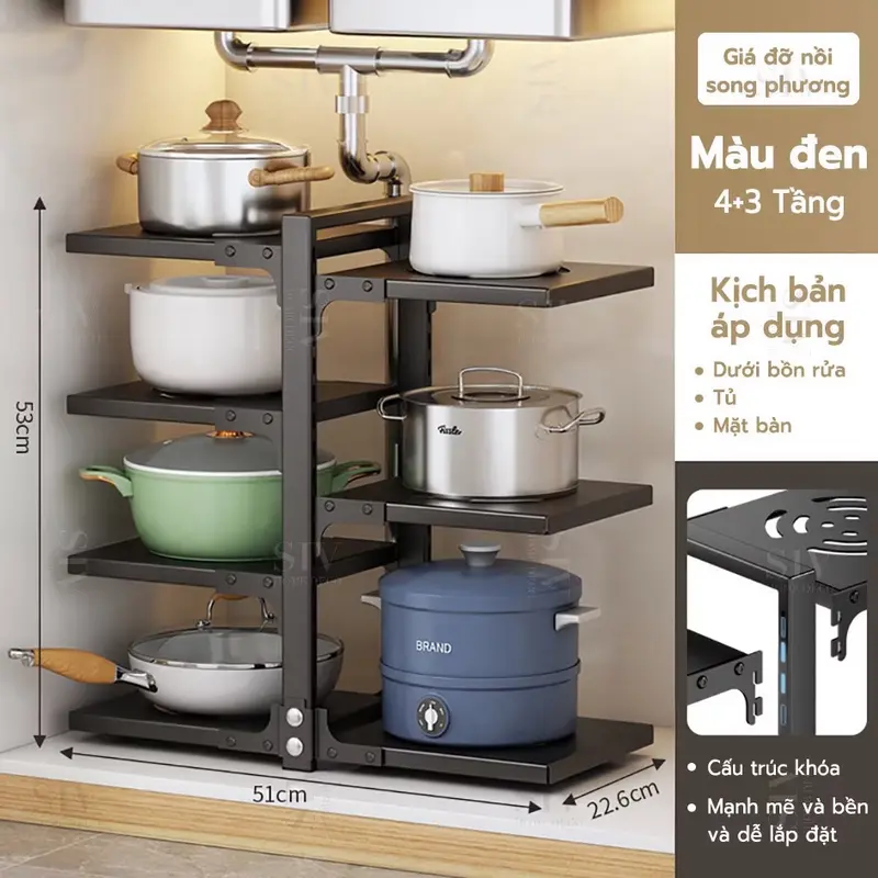 Kệ để xoong nồi nhiều tầng 4+3 tầng có thể điều chỉnh lên xuống 0