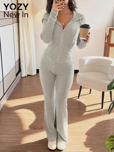 YOZY Women's Solid Ribbed Zip Up Jacket & Flare Leg Pants Two-piece Set, Casual Long Sleeve Hooded Top & Bell Bottom Trousers for Spring & Fall, Women's Clothes for Daily Wear