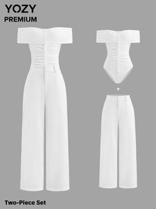 YOZY Two-Piece Set Women's Solid Button Front Ruched Bodysuit & Pants Set, Casual Comfy Bodysuit & Wide Leg Pants for Daily Wear, Ladies Clothes for All Seasons