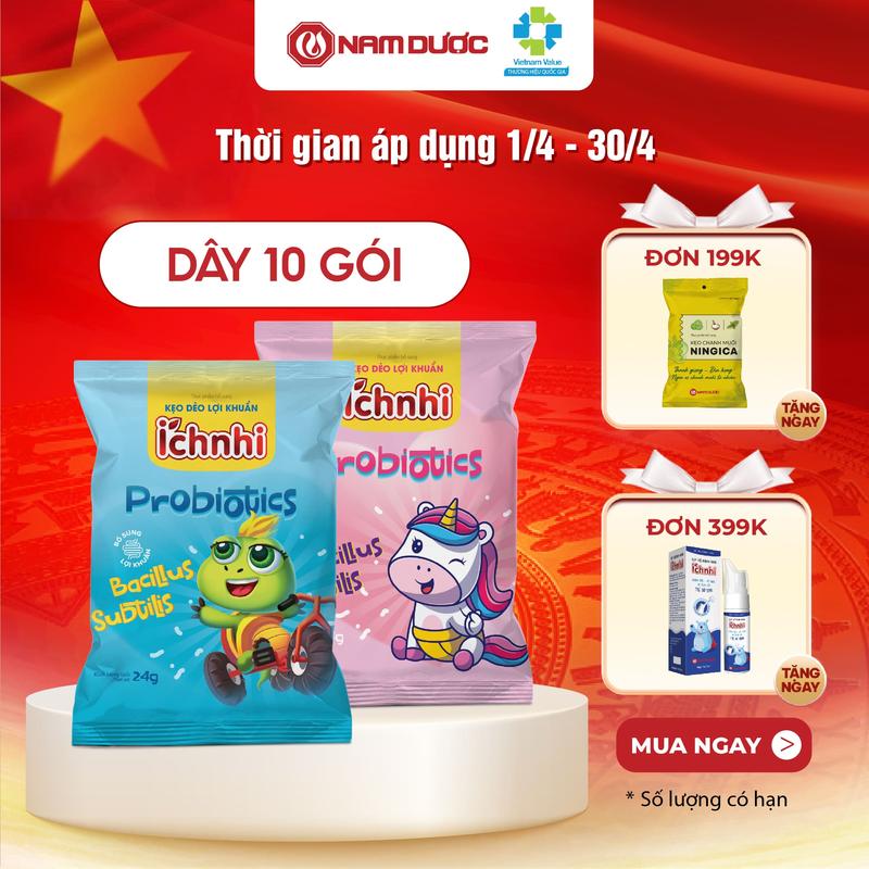 Kẹo dẻo lợi khuẩn Ích Nhi (dây 10 gói) chứa lợi khuẩn bacillus subtilis