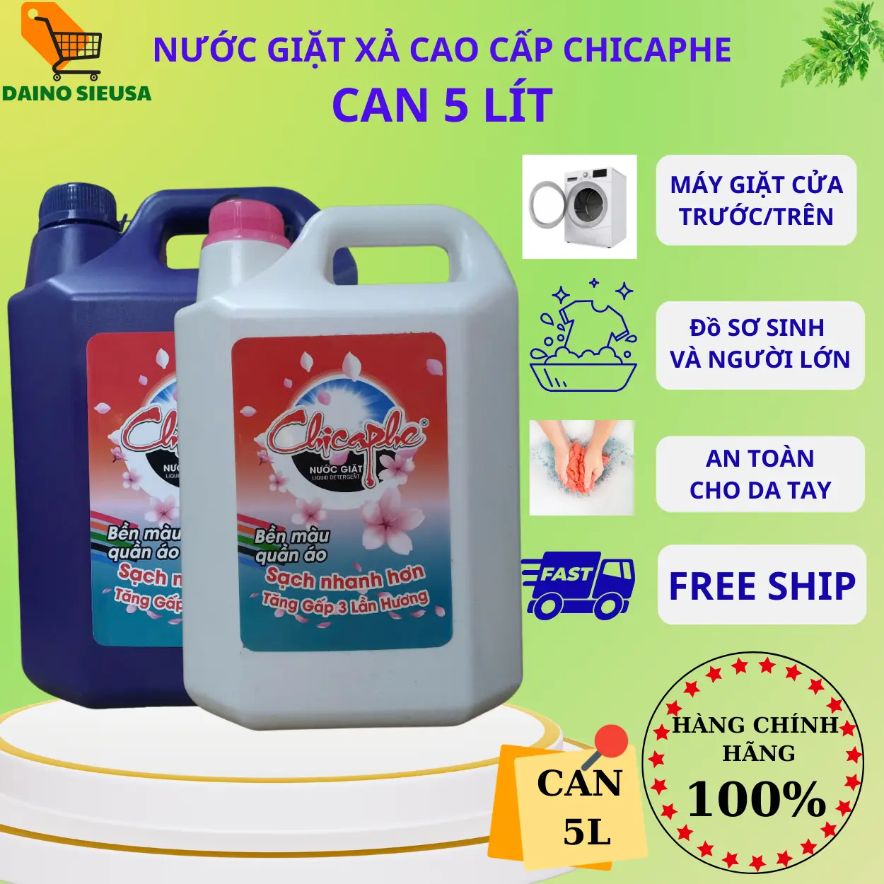 Nước giặt xả cao cấp Chicaphe can 5L, sạch sâu, thơm lâu, bền màu vải - shop mẹ Daino