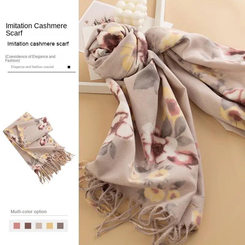 Elegant Socialite Style Printed Scarf 2025 New Floral Imitation Cashmere Scarf for Women Warm Neck Warmer Fashion Shawl