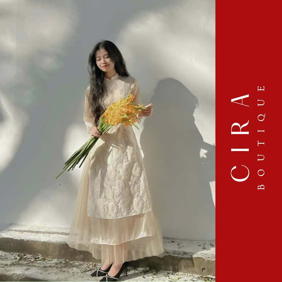 Set Áo Dài Hoa Nổi Phối Tay Voan Lỡ +Chân Váy Midi Voan Màu Trắng - C0649 Nữ - Women Dress