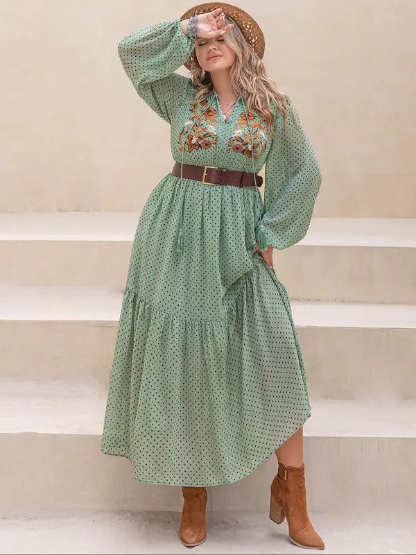 【Plus Size】 Floral Embroidery Tassel Ruffle Hem Dress, Boho All Over Print Notched Neck Long Sleeve A Line Dress, Dresses for Women, Holiday Dresses, Summer Outfits 2024, Ladies Dresses, Women's Clothes, Dresses for Women, Belleza Fits 7