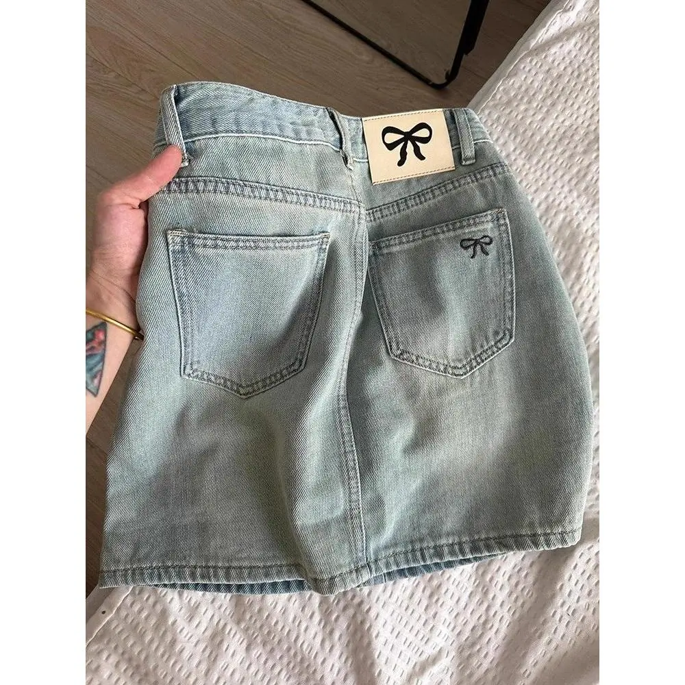 American retro bow embroidered denim skirt for women in summer, spicy girl mini skirt, A-line skirt Bottom Lingerie Lady Basic Minimalist