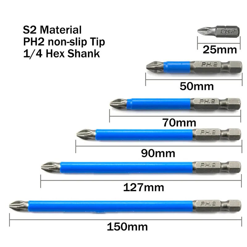 Tua vít điện chống trượt từ tính, bit 1 / 4 ", chuôi lục giác chính xác PH2 Nhiều thông số kỹ thuật khác nhau
