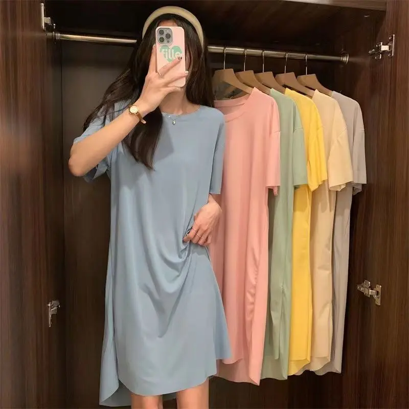 Internet Celebrity Nightdress Women's Summer 2024 New Ice Silk Short Sleeve Thin Loose Outer Wear Black Pajamas Dress Large Size daster  aisar