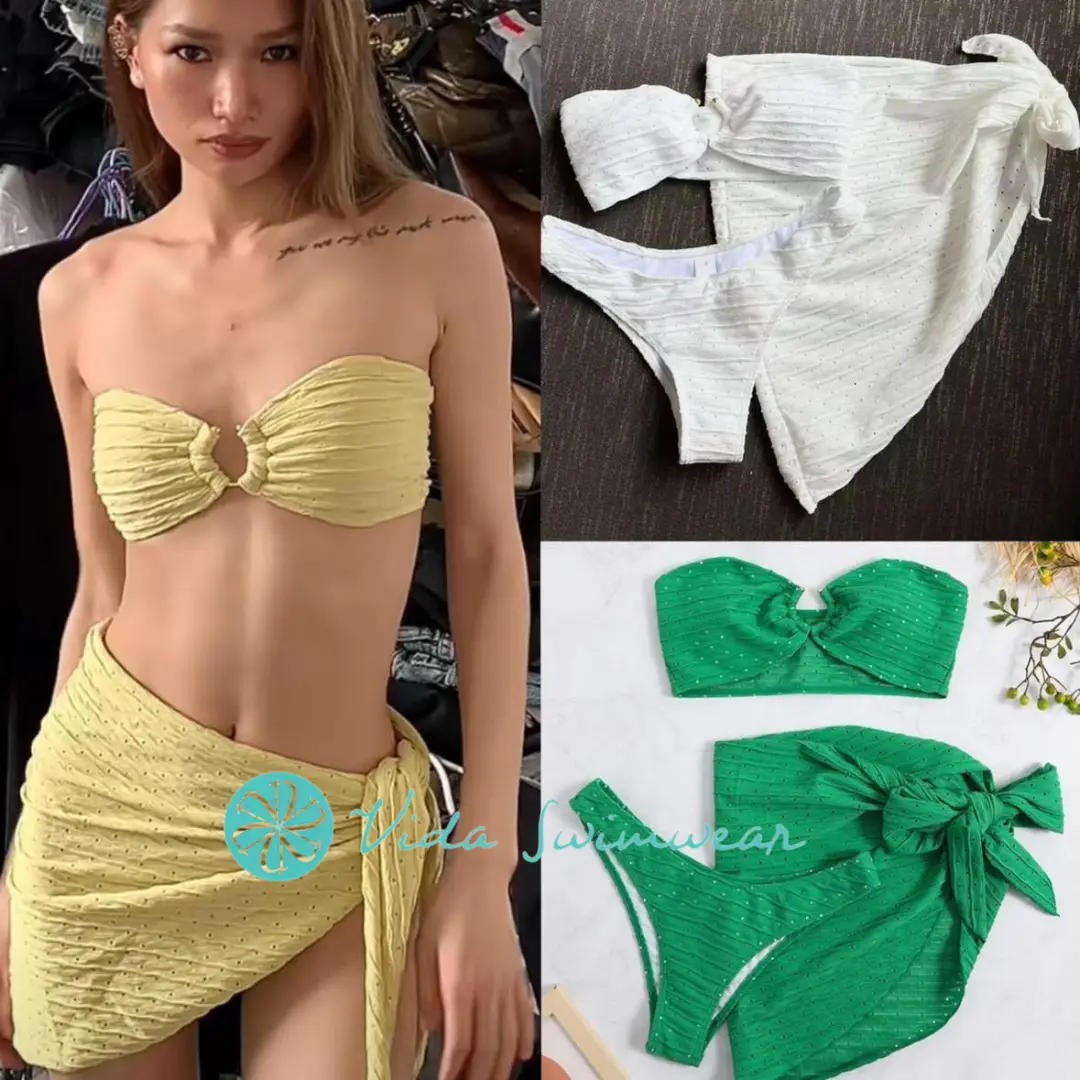 Eyelet Bikini with Cover Up 3 in 1 Tube Two Piece Swimwear Swimsuit