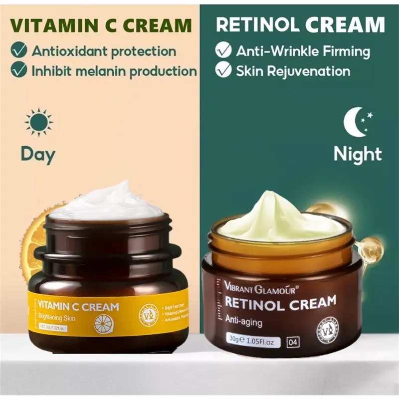 (ISI 4pcs) PAKET Siang dan Malam (Retinol Cream, Retinol Serum, Vitamin C Cream, Vit C Serum) VIBRANT GLAMOUR TERMURAH Memutihkan 3