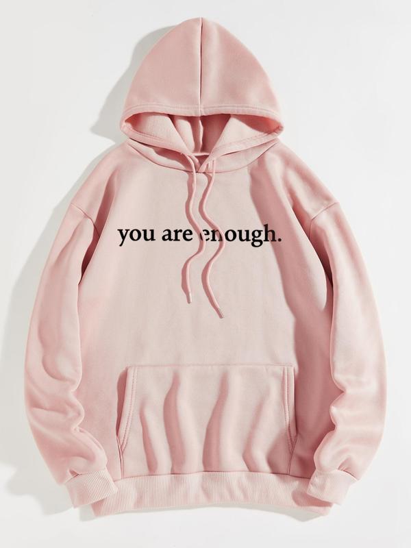 Women's Letter Print Drop Shoulder Drawstring Graphic Hoodie Hooded Sweatshirt, Trendy Long Sleeve Pullover Top, Thermal Lined Pocket Sweatshirts for Women, Fall Sweatshirts, Please Purchase A Size Up 2