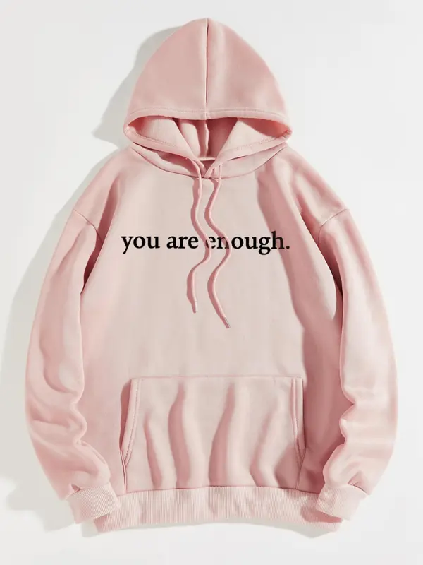 Women's Letter Print Drop Shoulder Drawstring Graphic Hoodie Hooded Sweatshirt, Trendy Long Sleeve Pullover Top, Thermal Lined Pocket Sweatshirts for Women, Fall Sweatshirts, Please Purchase A Size Up 2