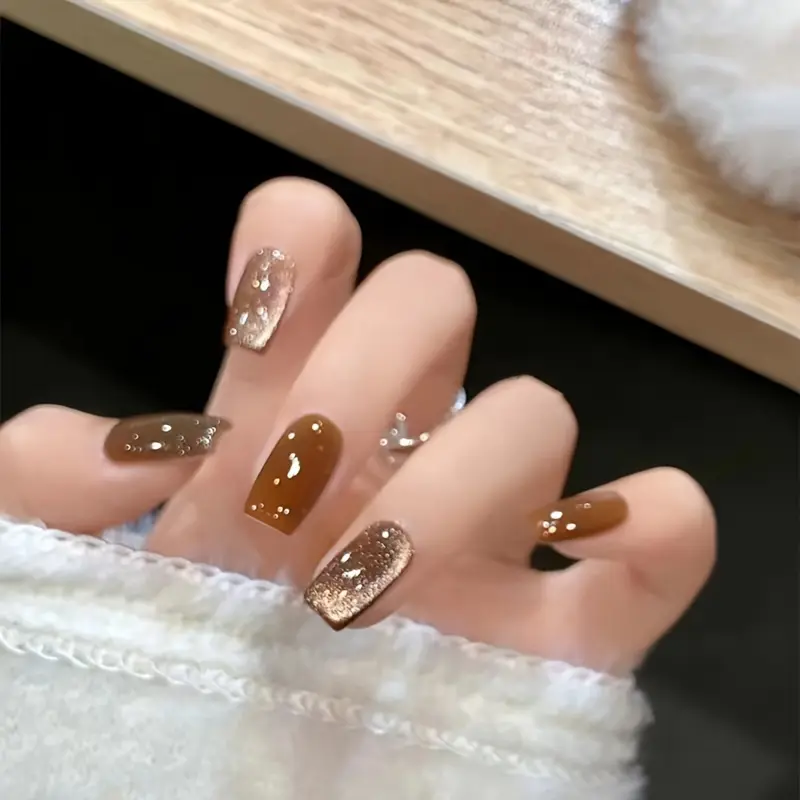 Móng Tay Giả, 30 Miếng, Màu Nâu Caramel Mèo Lấp Lánh, Hình Dạng Bali Trung Bình Thích Hợp Cho Mùa Thu Và Mùa Đông, Dành Cho Nữ Và Bé Gái