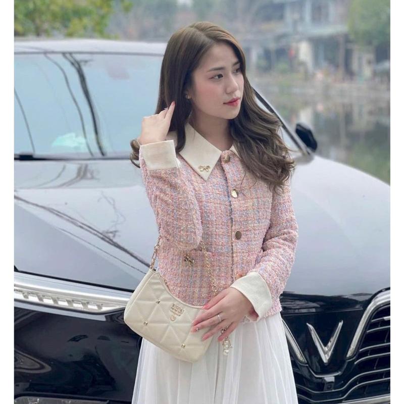  Áo dạ tweed HINSTORE áo khoác tweed nhũ hồng dáng ngắn phong cách tiểu thư cúc vàng sang chảnh 268 áodạ tweet 
