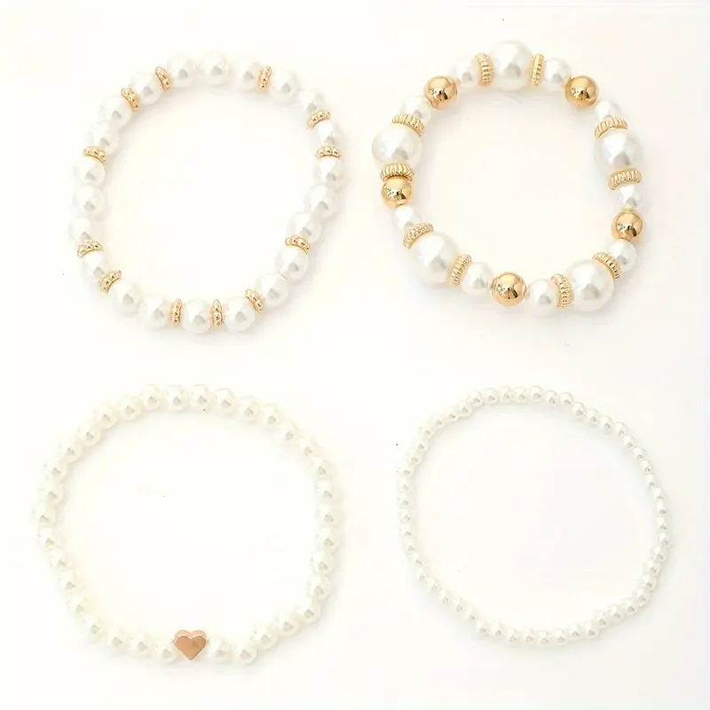 4 PCs White Artificial Pearl Beads Beaded Bracelet Suit Elegant Handmade Handmade String Jewelry Accessories 2