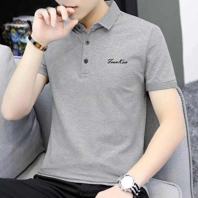 Áo Thun ngắn Tay Mỏng Mùa Hè, Dành Cho Nam Giới, Hợp Xu hướng, Làm Bằng Lụa Lạnh, Cổ Áo bẻ xuống, Áo Polo, Tay Lửng Áo, Áo Mùa Hè