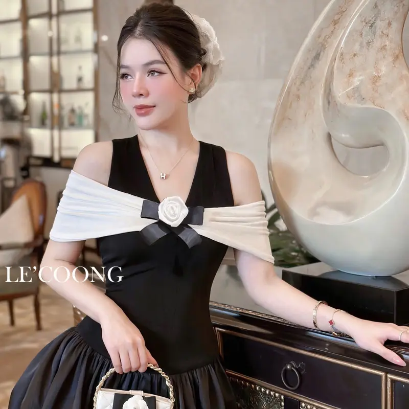 Váy Tiểu Thư Dáng Ngắn Trễ Vai Đính Nơ LECOONG V672  Đầm Đẹp Sang Chảnh 2