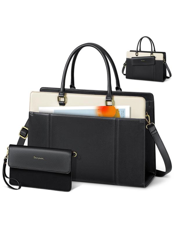 Women's Colorblock Laptop Bag & Wristlet, Fashionable Pu Leather Briefcase & Wristlet, Computer Bag for Office Travel 0