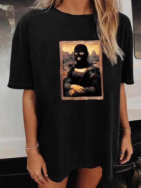 Women's Oil Painting Graphic Round Neck Drop Shoulder Tee, Fashion Casual Crew Neck T-Shirt for Daily Holiday Vacation Outdoor Wear, Ladies Clothes for All Seasons 0