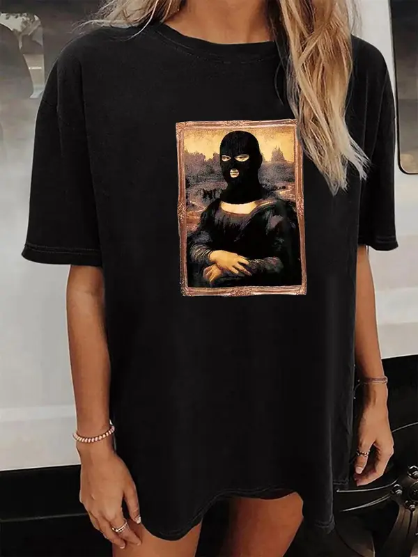 Women's Oil Painting Graphic Round Neck Drop Shoulder Tee, Fashion Casual Crew Neck T-Shirt for Daily Holiday Vacation Outdoor Wear, Ladies Clothes for All Seasons 0