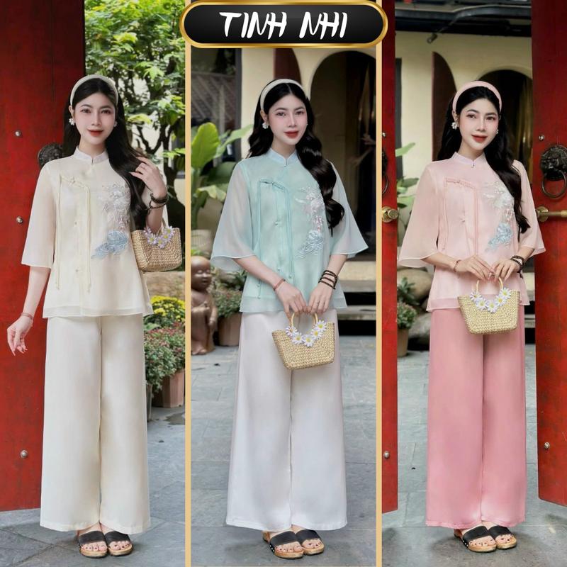 Pháp phục đi chùa thêu chim hạc Tinh Nhi voan tơ nhẹ nhàng thanh lịch PP23 Nhung Nữ