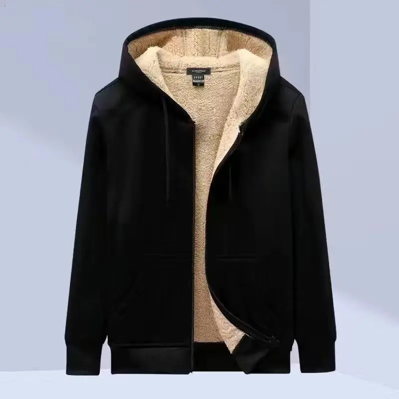 Áo Len Cardigan Có Khóa Kéo Lót Lông Cừu, Dày Dặn, Da Cừu, Màu Trơn Dáng Rộng, Cỡ Lớn, Áo Khoác Có Mũ Trùm Đầu, Dành Cho Nam, Mùa Thu Và Mùa Đông 2023