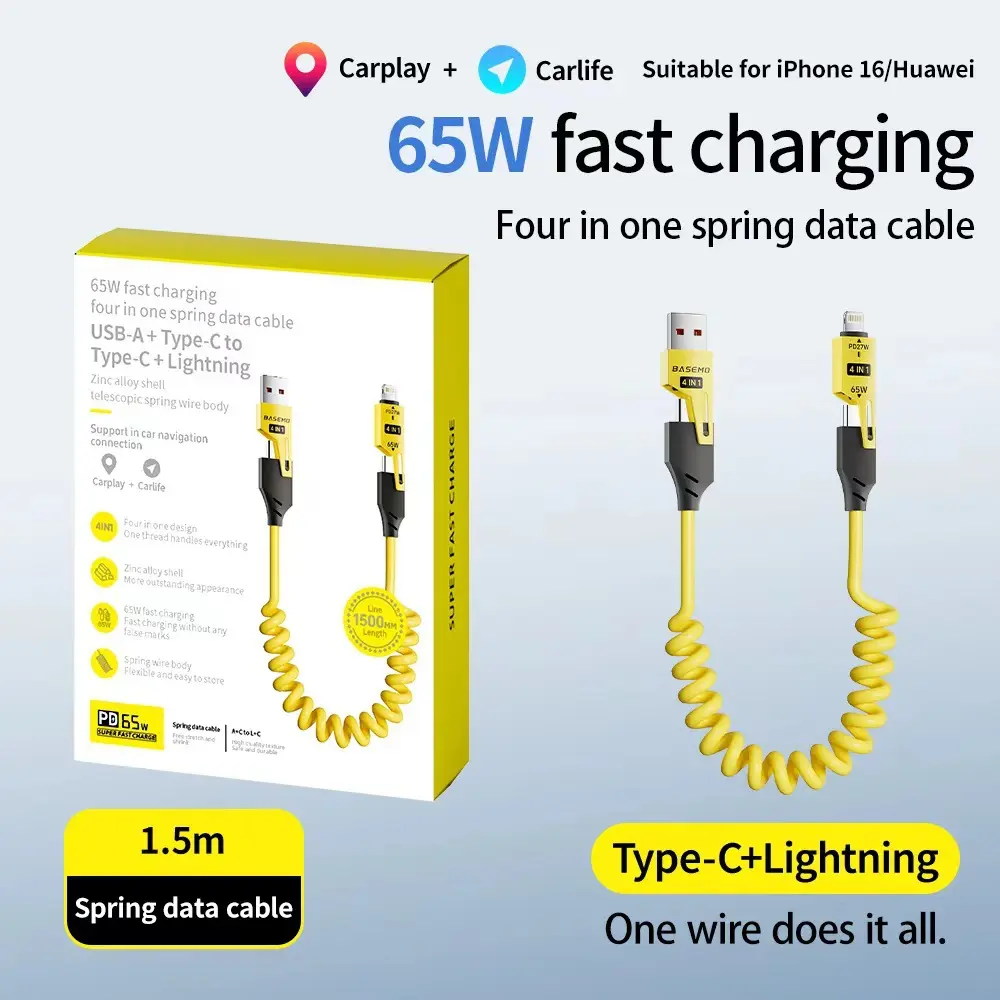 65W Ultra-Fast Charging 4 in 1 Spring Stretch Data Cable Smartphone Cellphone Electronic Charger