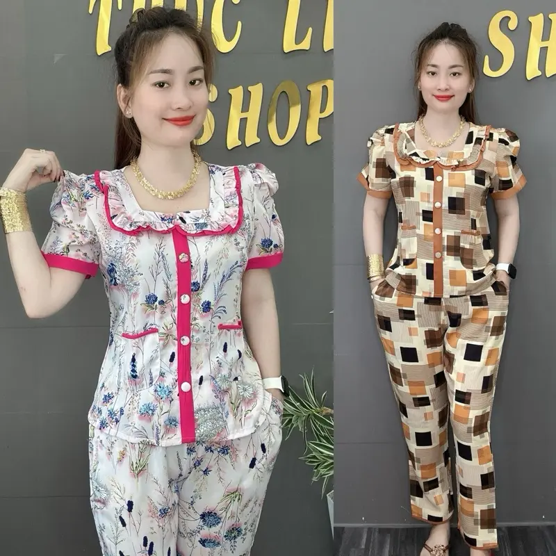 ĐỒ BỘ,BỘ CỔ VUÔNG TIỂU THƯ PHỐI, VẢI LỤA MANGO ,TAY NGẮN PHỒNG NHÚNG, QUẦN DÀI, SIZE 45-75 KG.Lụa Nữ Women