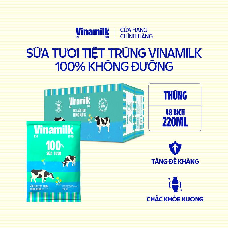Thùng 48 bịch Vinamilk 100% Sữa tươi tiệt trùng không đường 220ml