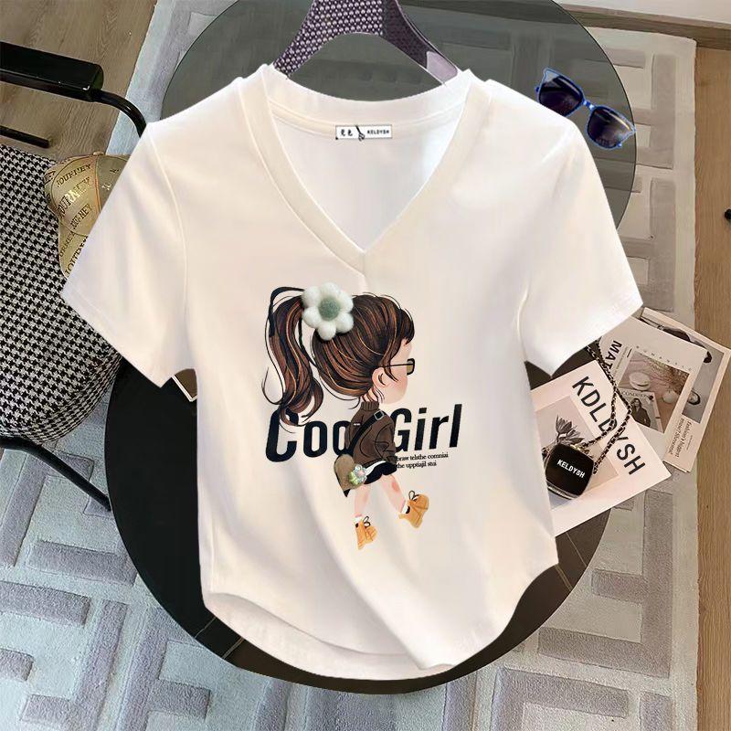 Áo Thun ngắn Tay Phong Cách Phương Tây Cổ Chữ V, Chất Liệu Cotton Nguyên Chất, Thích Hợp Cho Mùa Hè, Ngoại Cỡ Cho Bé Gái Đầy Đặn, Tay Lửng Áo Che Bụng Cong, Dành Cho Nữ, Giá Cả Phải Chăng: 100,00kg, Năm 2024 2