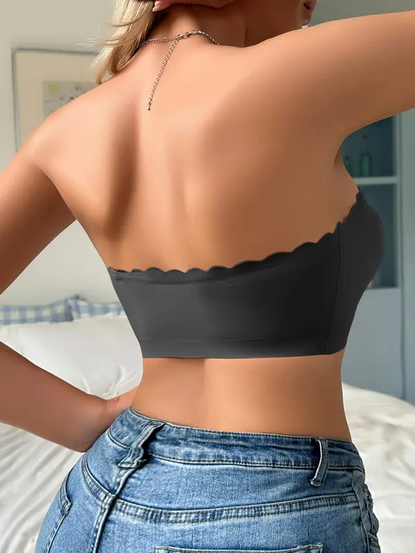 Women's Solid Scallop Trim Hook & Eye Front Wireless Bandeau Bra, Comfortable Breathable Seamless Strapless Bralette Lingerie for Daily Wear, Lingerie Top for All Seasons, Bras for Women 7