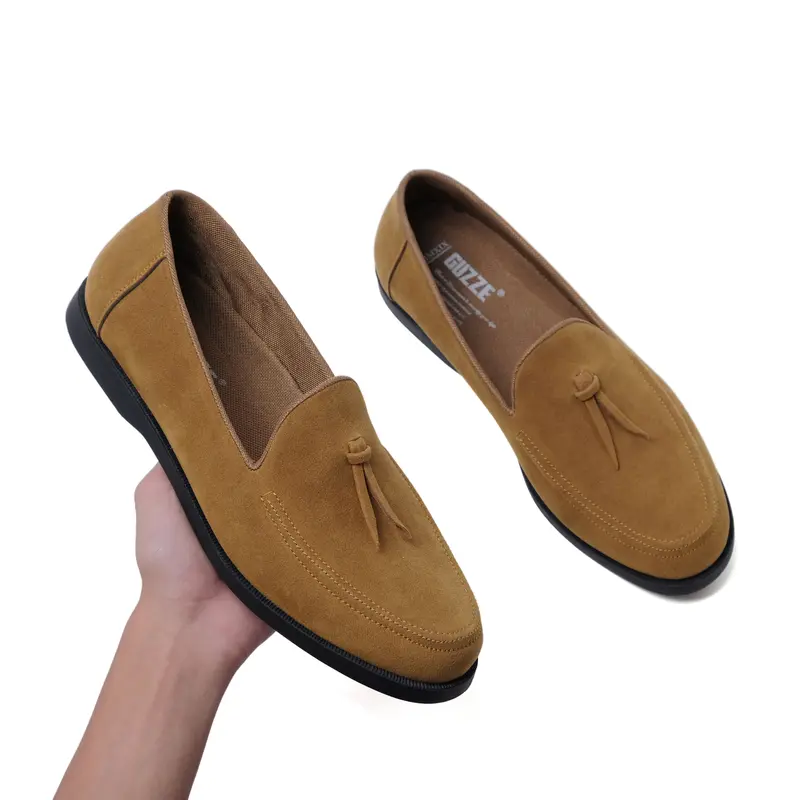 Guzze Sydney Sepatu Slip On Pria Loafer Suede Tan Gaya Tanpa Hak Flat Shoes Kerja 3